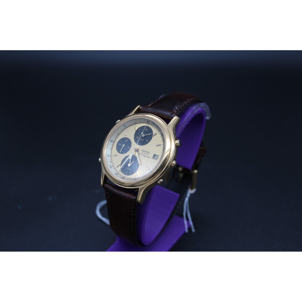 Seiko Quartz Chronograph Alarm Watch 7T32-6A50 Gold Tone Brown Leather Strap